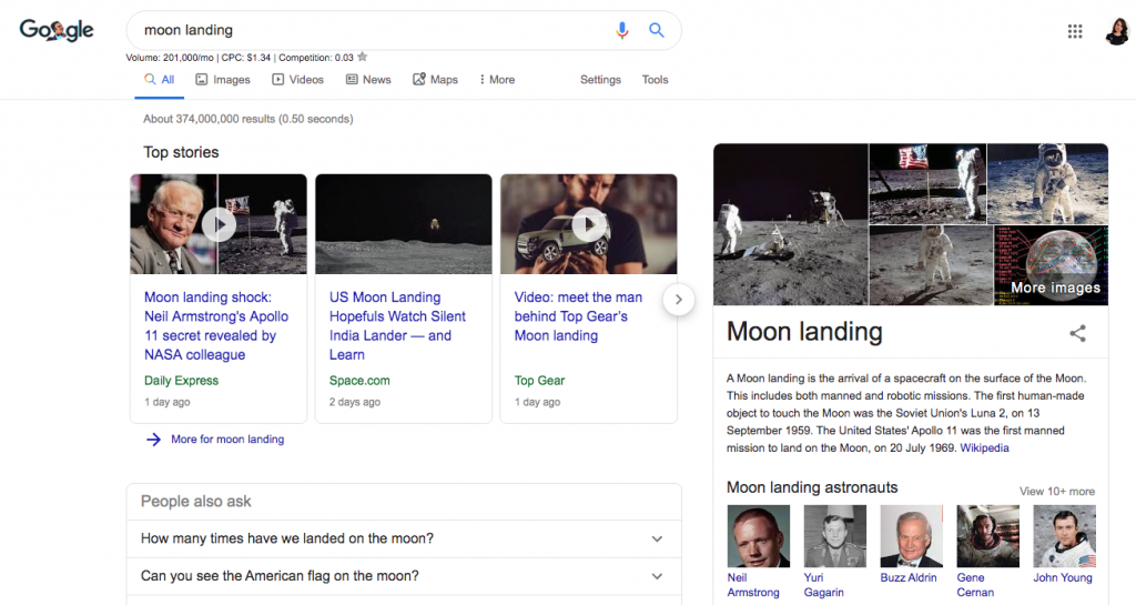 A screenshot of a google search for 'moon landing' showing videos, knowledge panel, and people also ask boxes