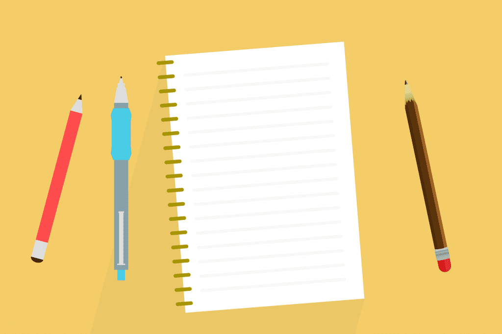A cartoon image of a lined notepad and writing equipment.
