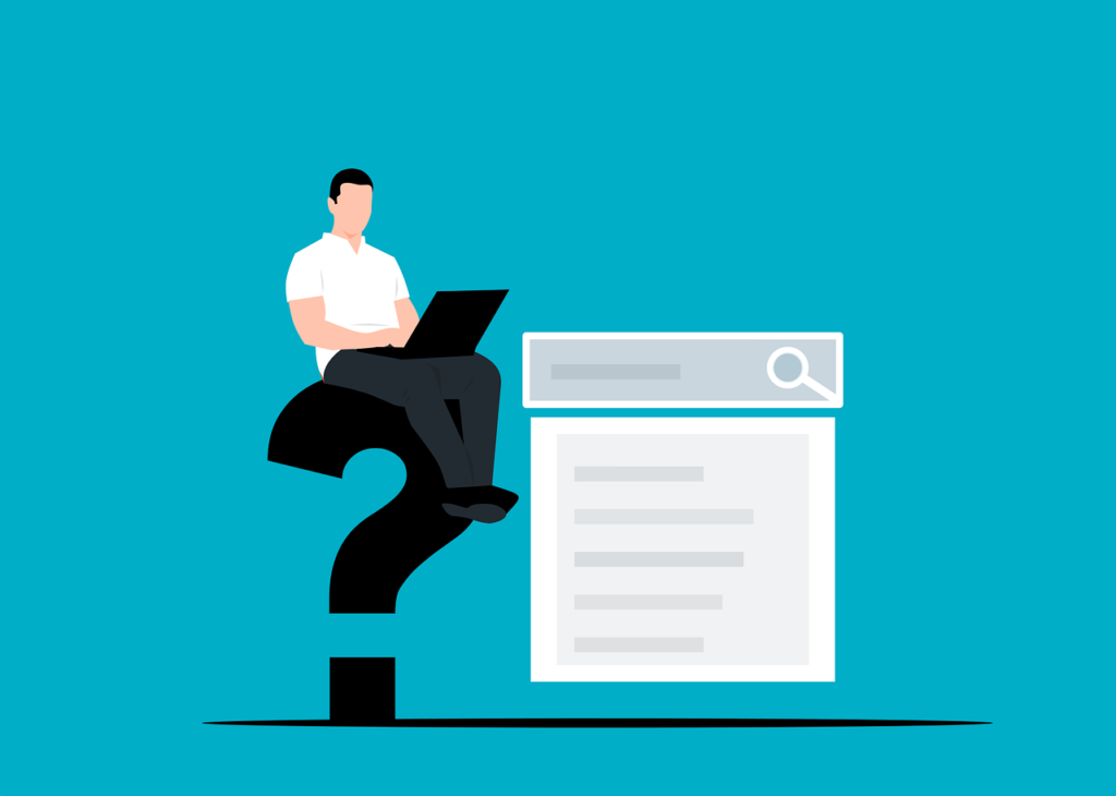 Vector image of a man sitting on a question mark with a laptop, next to a drop down search bar
