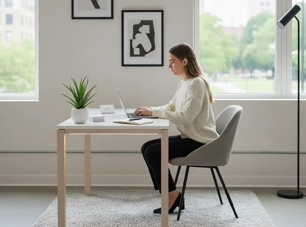 Marketing specialist working on SEO for local small business in a bright office.