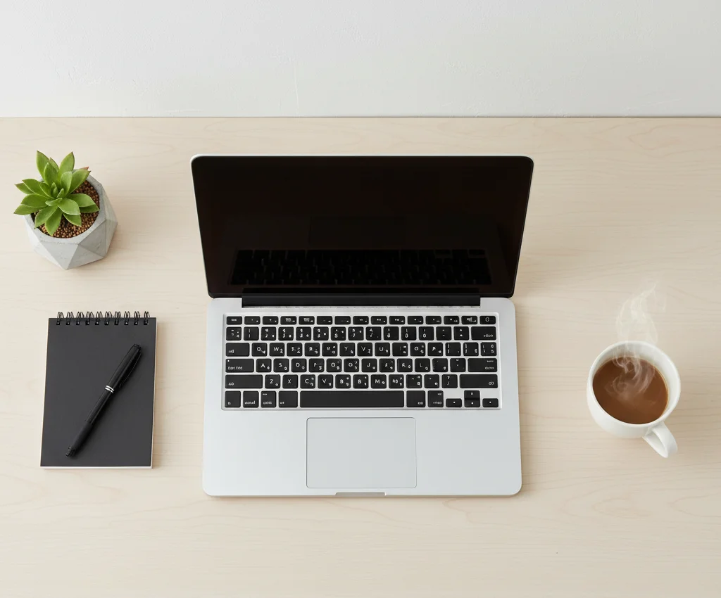 A top view of a wooden desk featuring a laptop, notebook, coffee cup, and a small plant.